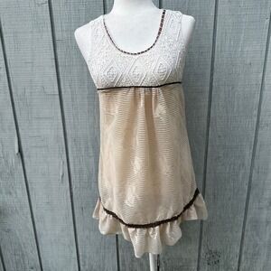Theme Cream Lace Sleeveless Baby Doll Ruffle Hem Mini Dress‎ Women's Size S